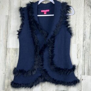 Lilly Pulitzer Sweater Women's Small‎ Trinette Vest Blue Knit w Fur Trim